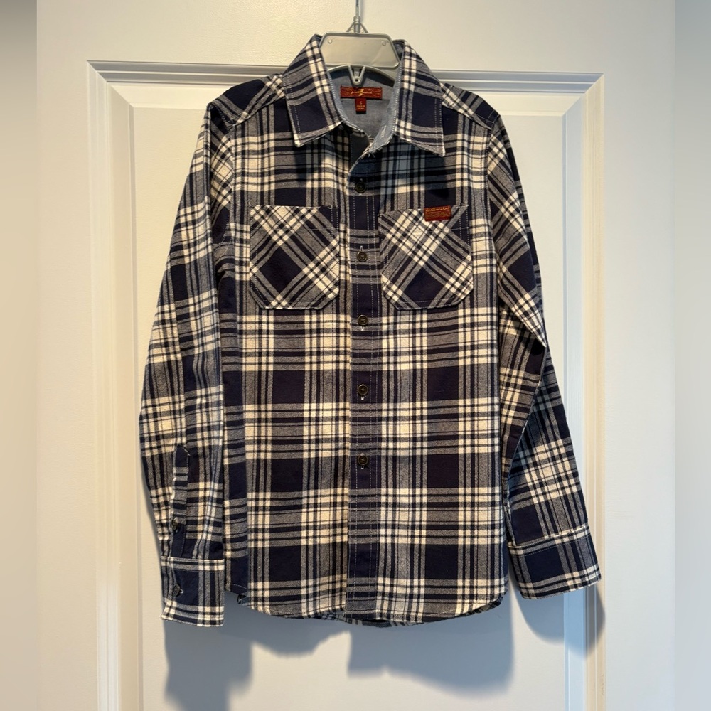Boys small Seven for all man kind plaid button down shirT NWT